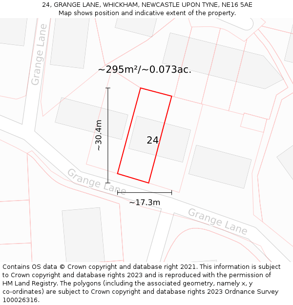 24, GRANGE LANE, WHICKHAM, NEWCASTLE UPON TYNE, NE16 5AE: Plot and title map