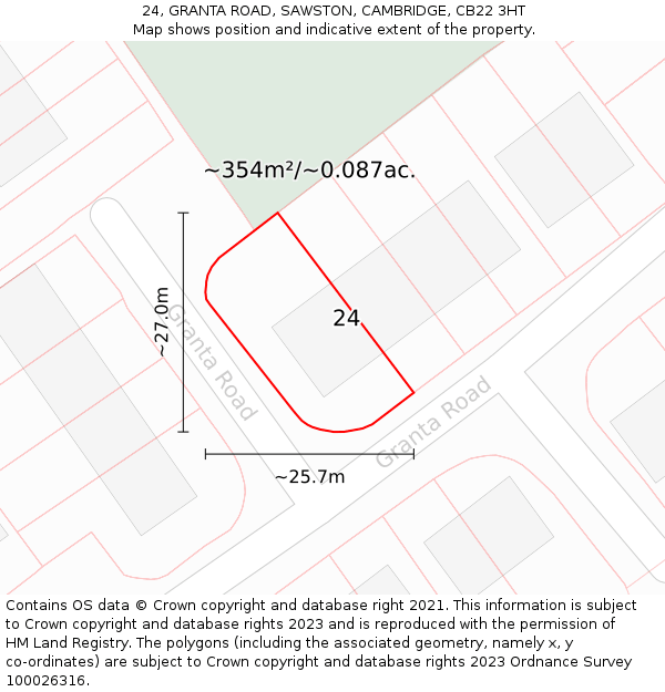 24, GRANTA ROAD, SAWSTON, CAMBRIDGE, CB22 3HT: Plot and title map