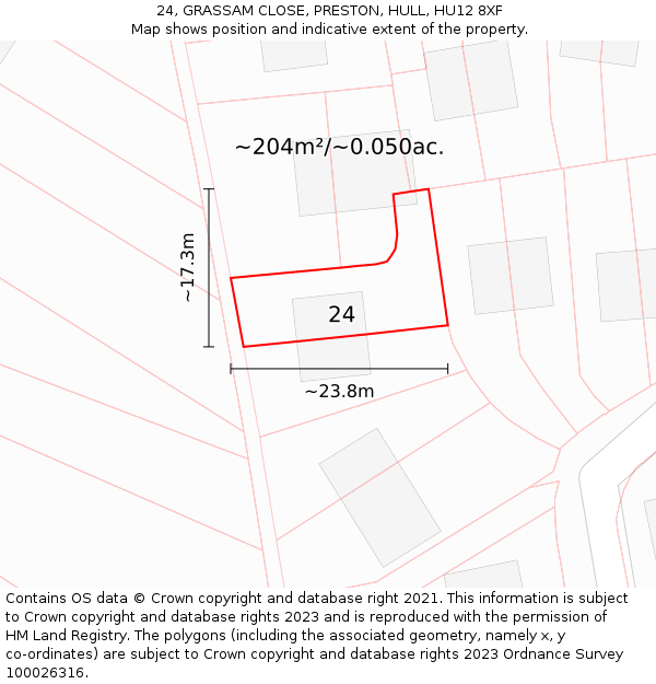 24, GRASSAM CLOSE, PRESTON, HULL, HU12 8XF: Plot and title map