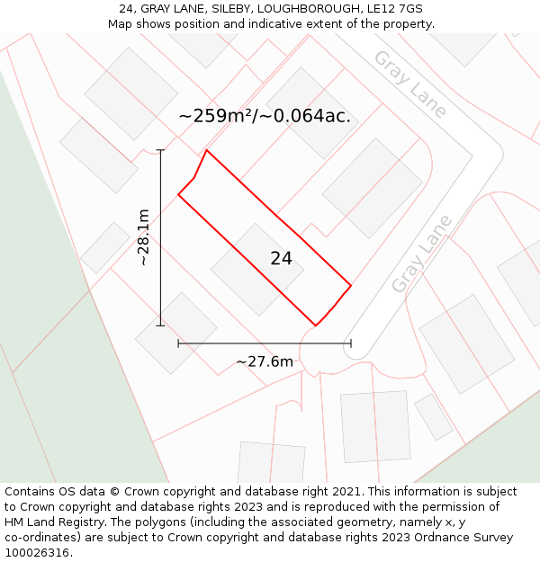 24, GRAY LANE, SILEBY, LOUGHBOROUGH, LE12 7GS: Plot and title map