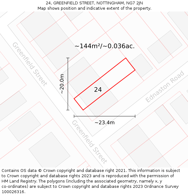 24, GREENFIELD STREET, NOTTINGHAM, NG7 2JN: Plot and title map