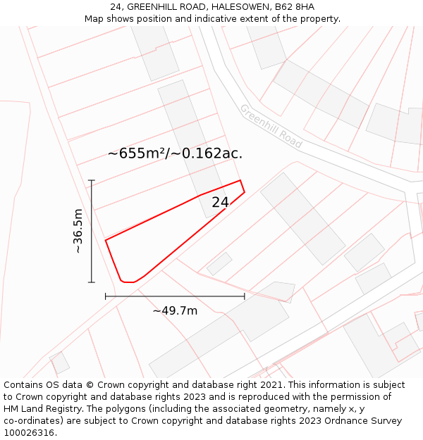 24, GREENHILL ROAD, HALESOWEN, B62 8HA: Plot and title map
