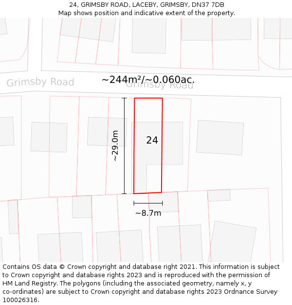 24, GRIMSBY ROAD, LACEBY, GRIMSBY, DN37 7DB: Plot and title map