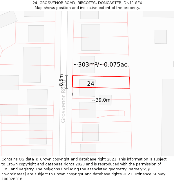 24, GROSVENOR ROAD, BIRCOTES, DONCASTER, DN11 8EX: Plot and title map