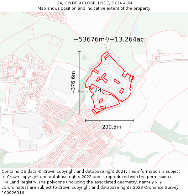 24, GYLDEN CLOSE, HYDE, SK14 4UN: Plot and title map