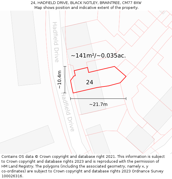 24, HADFIELD DRIVE, BLACK NOTLEY, BRAINTREE, CM77 8XW: Plot and title map