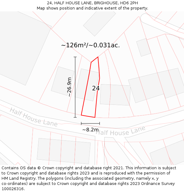 24, HALF HOUSE LANE, BRIGHOUSE, HD6 2PH: Plot and title map