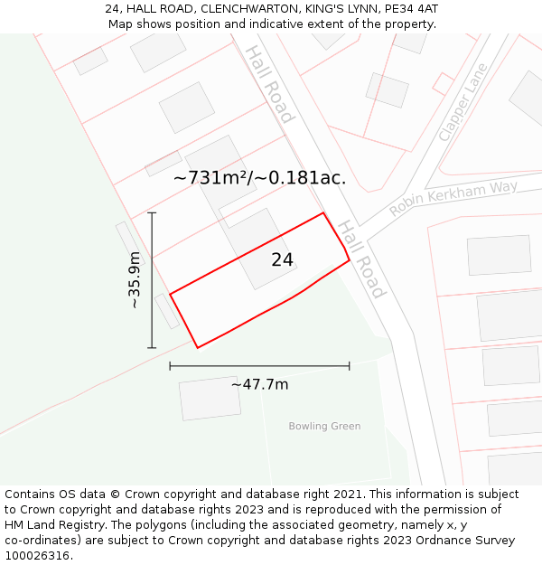 24, HALL ROAD, CLENCHWARTON, KING'S LYNN, PE34 4AT: Plot and title map