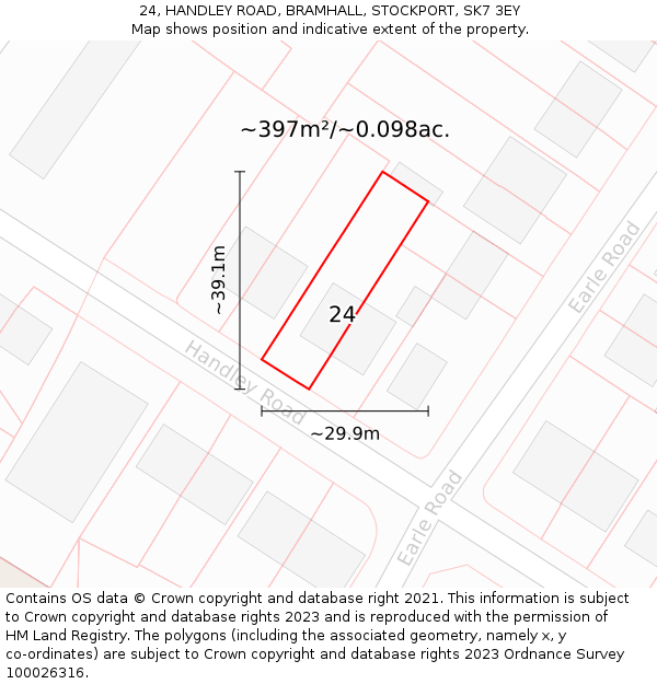 24, HANDLEY ROAD, BRAMHALL, STOCKPORT, SK7 3EY: Plot and title map