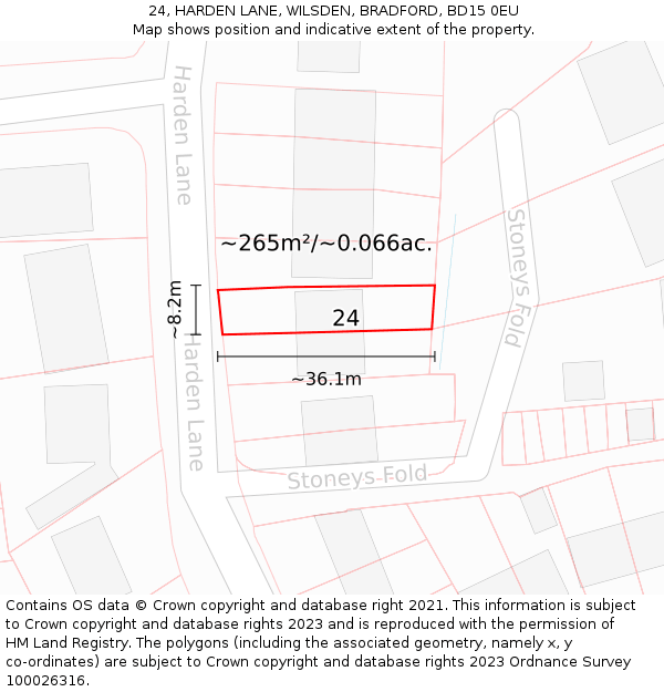 24, HARDEN LANE, WILSDEN, BRADFORD, BD15 0EU: Plot and title map