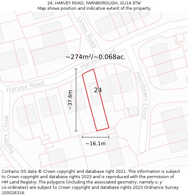 24, HARVEY ROAD, FARNBOROUGH, GU14 9TW: Plot and title map