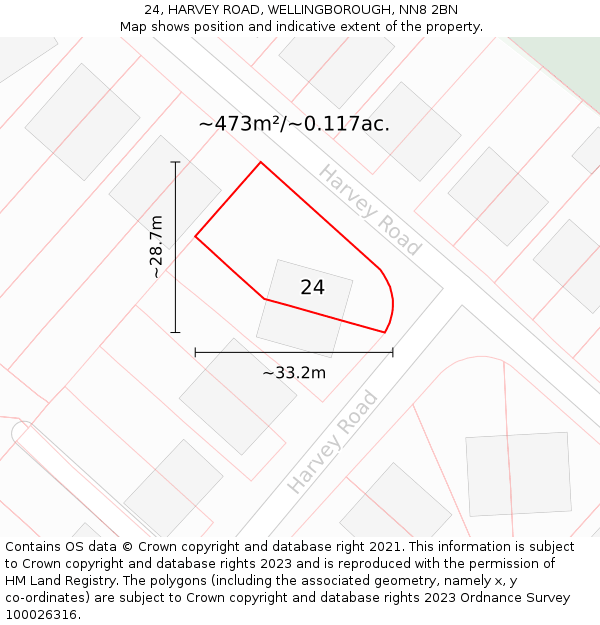 24, HARVEY ROAD, WELLINGBOROUGH, NN8 2BN: Plot and title map