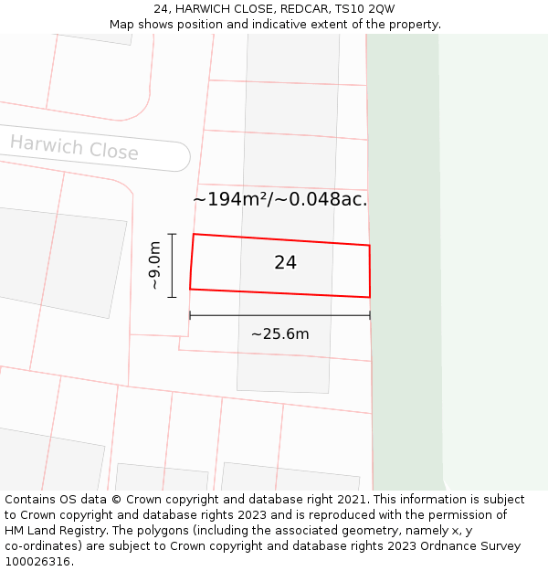 24, HARWICH CLOSE, REDCAR, TS10 2QW: Plot and title map