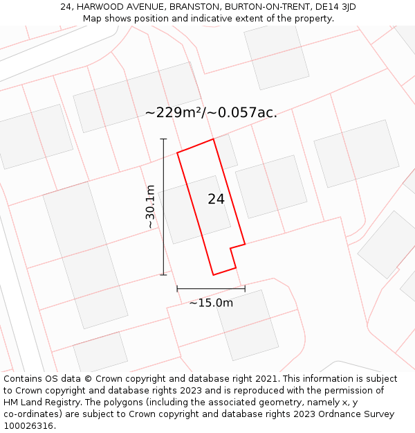 24, HARWOOD AVENUE, BRANSTON, BURTON-ON-TRENT, DE14 3JD: Plot and title map