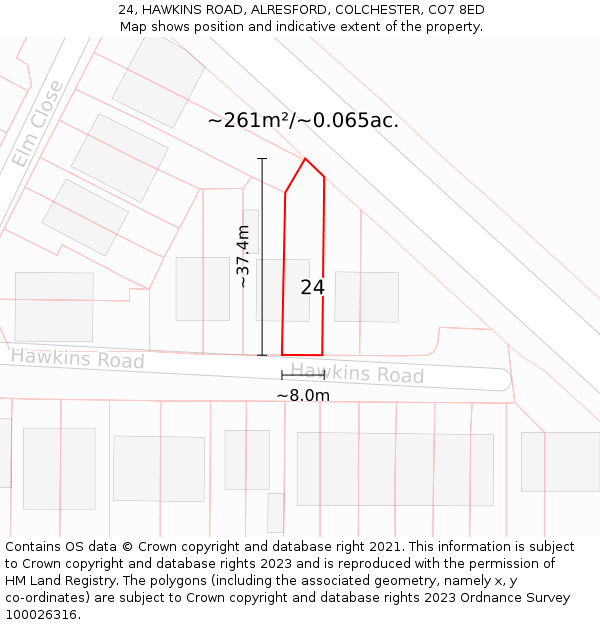 24, HAWKINS ROAD, ALRESFORD, COLCHESTER, CO7 8ED: Plot and title map