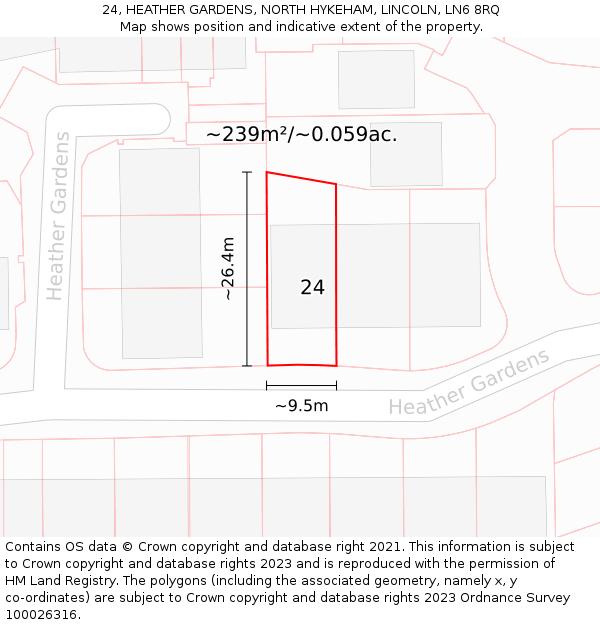 24, HEATHER GARDENS, NORTH HYKEHAM, LINCOLN, LN6 8RQ: Plot and title map