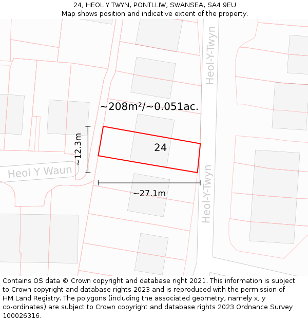 24, HEOL Y TWYN, PONTLLIW, SWANSEA, SA4 9EU: Plot and title map