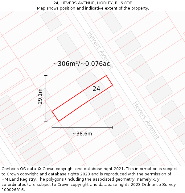 24, HEVERS AVENUE, HORLEY, RH6 8DB: Plot and title map