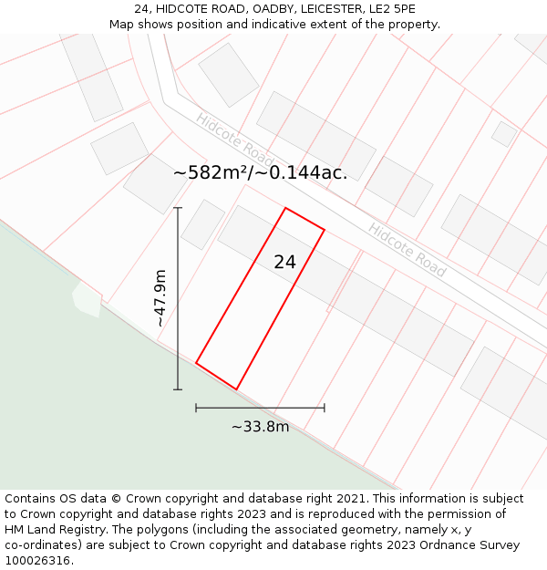 24, HIDCOTE ROAD, OADBY, LEICESTER, LE2 5PE: Plot and title map