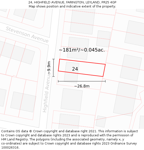 24, HIGHFIELD AVENUE, FARINGTON, LEYLAND, PR25 4GP: Plot and title map