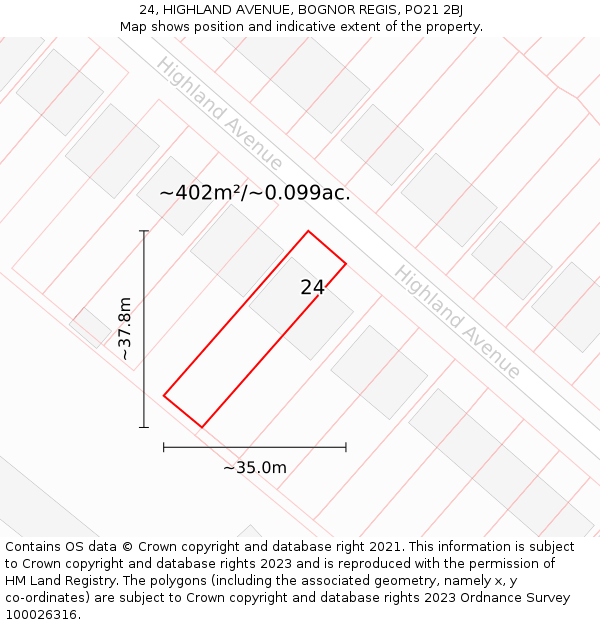 24, HIGHLAND AVENUE, BOGNOR REGIS, PO21 2BJ: Plot and title map