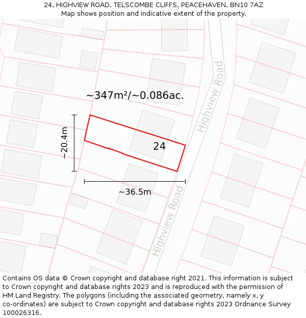 24, HIGHVIEW ROAD, TELSCOMBE CLIFFS, PEACEHAVEN, BN10 7AZ: Plot and title map