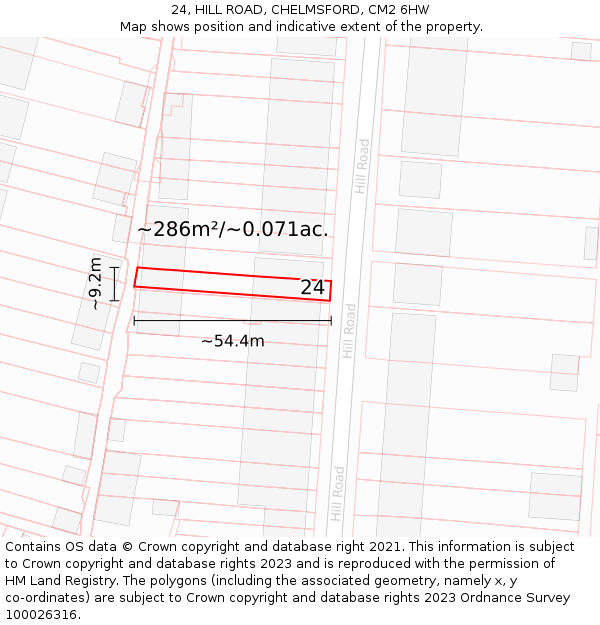 24, HILL ROAD, CHELMSFORD, CM2 6HW: Plot and title map