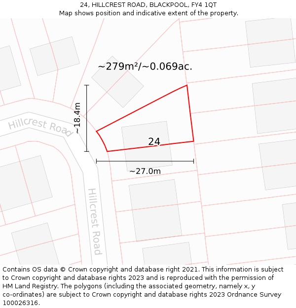 24, HILLCREST ROAD, BLACKPOOL, FY4 1QT: Plot and title map