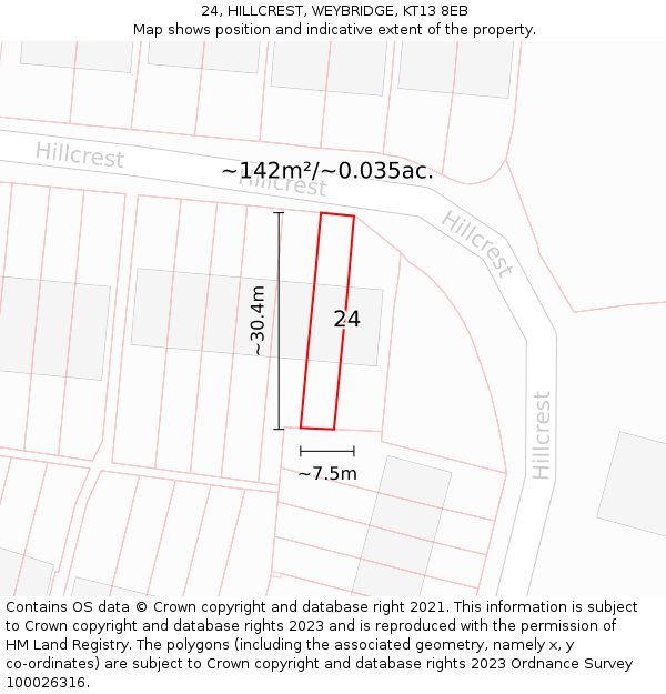 24, HILLCREST, WEYBRIDGE, KT13 8EB: Plot and title map