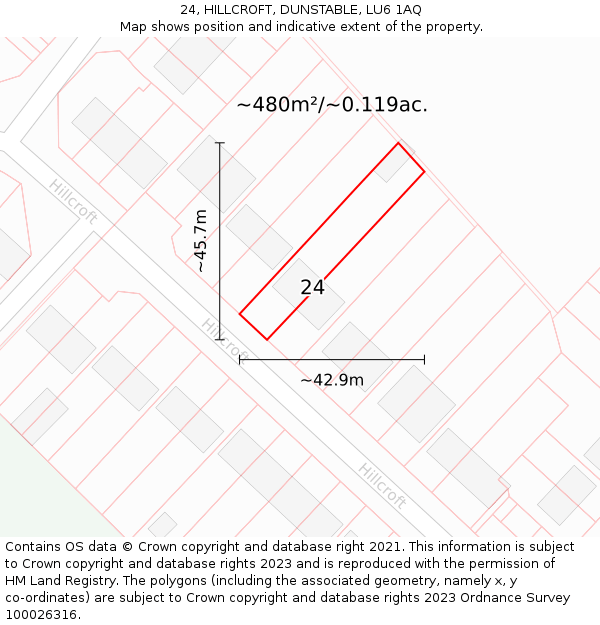 24, HILLCROFT, DUNSTABLE, LU6 1AQ: Plot and title map