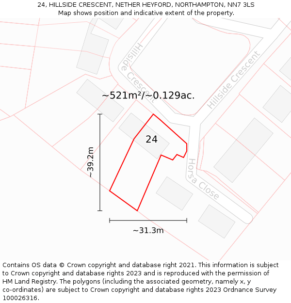 24, HILLSIDE CRESCENT, NETHER HEYFORD, NORTHAMPTON, NN7 3LS: Plot and title map