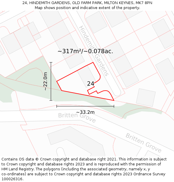 24, HINDEMITH GARDENS, OLD FARM PARK, MILTON KEYNES, MK7 8PN: Plot and title map