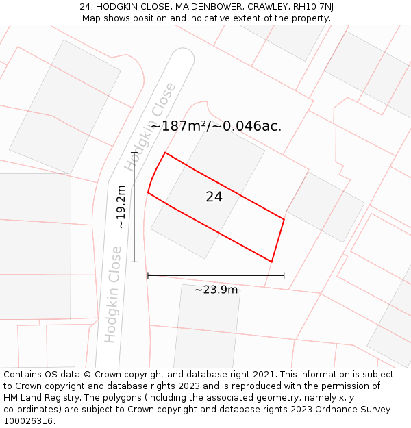 24, HODGKIN CLOSE, MAIDENBOWER, CRAWLEY, RH10 7NJ: Plot and title map