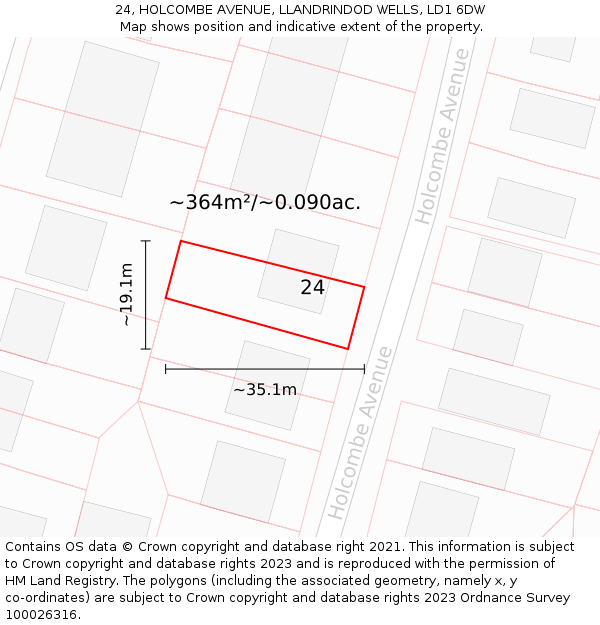 24, HOLCOMBE AVENUE, LLANDRINDOD WELLS, LD1 6DW: Plot and title map