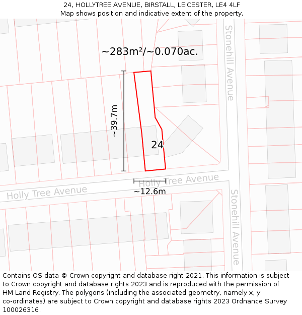 24, HOLLYTREE AVENUE, BIRSTALL, LEICESTER, LE4 4LF: Plot and title map