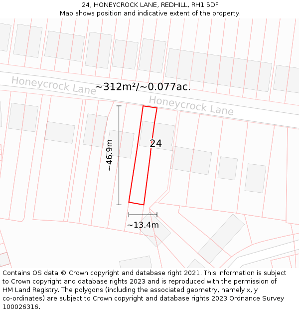 24, HONEYCROCK LANE, REDHILL, RH1 5DF: Plot and title map