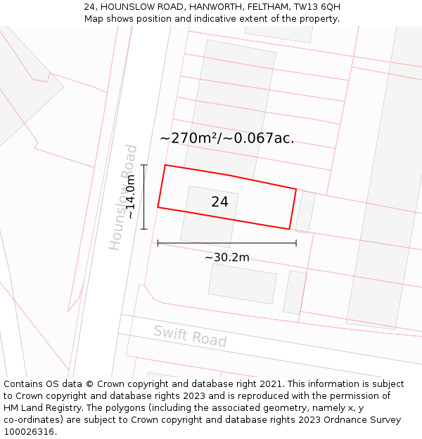 24, HOUNSLOW ROAD, HANWORTH, FELTHAM, TW13 6QH: Plot and title map