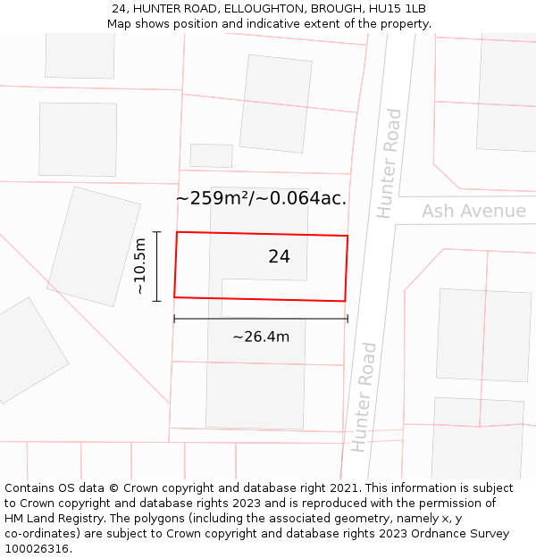 24, HUNTER ROAD, ELLOUGHTON, BROUGH, HU15 1LB: Plot and title map