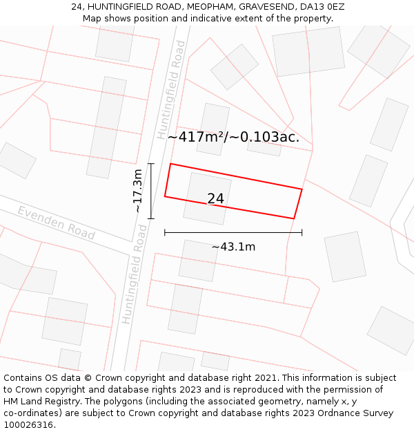 24, HUNTINGFIELD ROAD, MEOPHAM, GRAVESEND, DA13 0EZ: Plot and title map