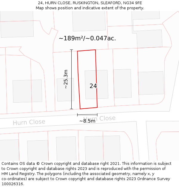 24, HURN CLOSE, RUSKINGTON, SLEAFORD, NG34 9FE: Plot and title map