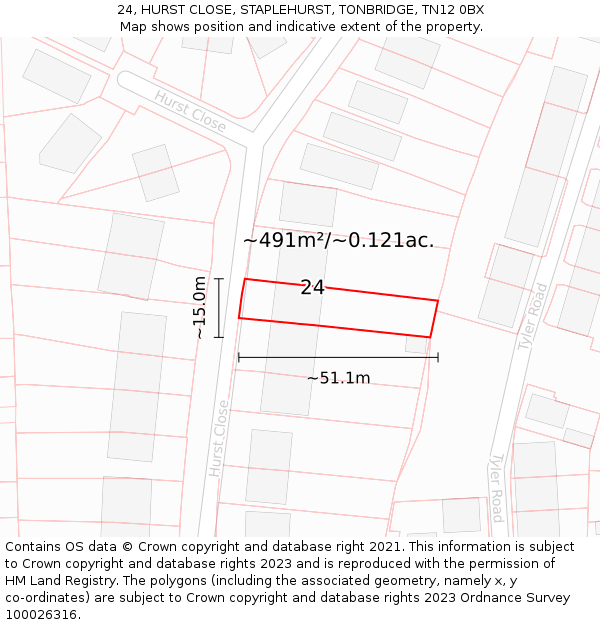 24, HURST CLOSE, STAPLEHURST, TONBRIDGE, TN12 0BX: Plot and title map