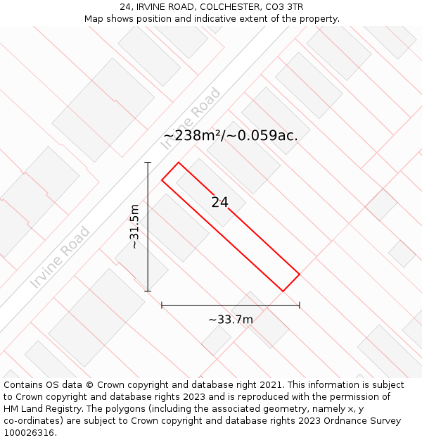 24, IRVINE ROAD, COLCHESTER, CO3 3TR: Plot and title map