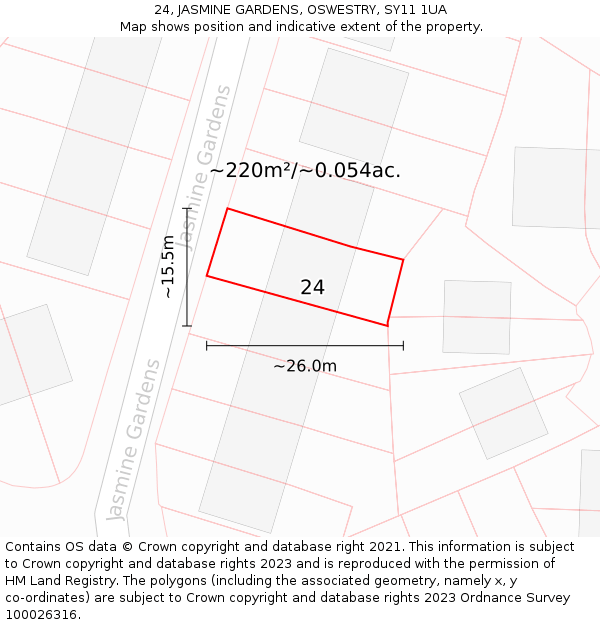 24, JASMINE GARDENS, OSWESTRY, SY11 1UA: Plot and title map