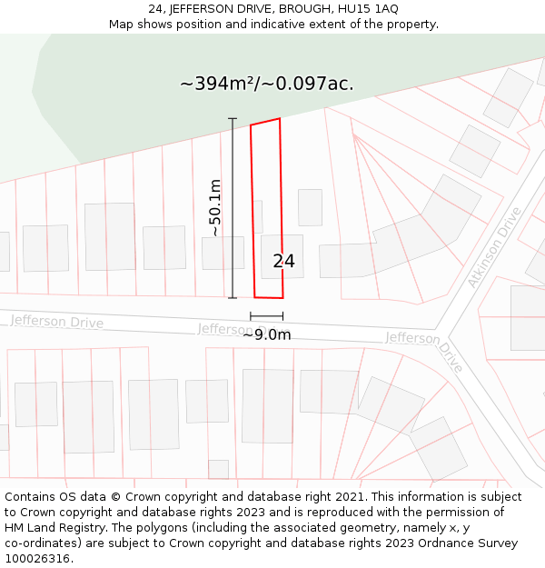 24, JEFFERSON DRIVE, BROUGH, HU15 1AQ: Plot and title map