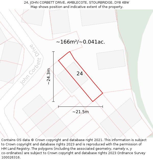 24, JOHN CORBETT DRIVE, AMBLECOTE, STOURBRIDGE, DY8 4BW: Plot and title map