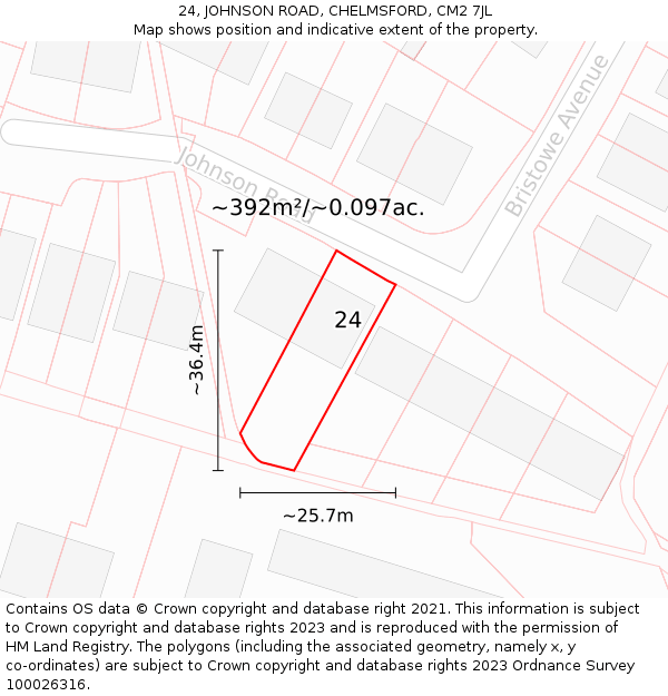 24, JOHNSON ROAD, CHELMSFORD, CM2 7JL: Plot and title map