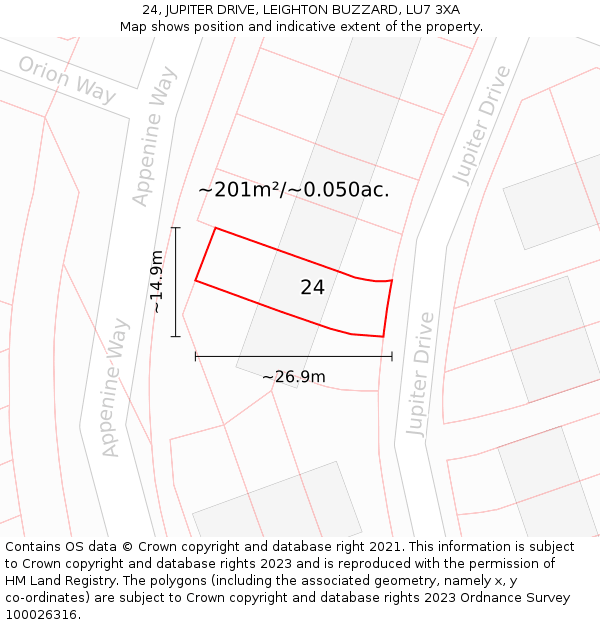 24, JUPITER DRIVE, LEIGHTON BUZZARD, LU7 3XA: Plot and title map