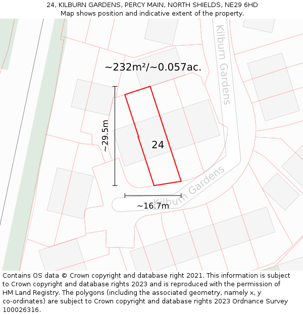 24, KILBURN GARDENS, PERCY MAIN, NORTH SHIELDS, NE29 6HD: Plot and title map