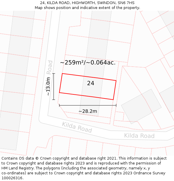 24, KILDA ROAD, HIGHWORTH, SWINDON, SN6 7HS: Plot and title map