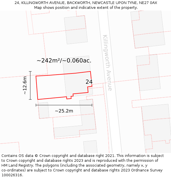 24, KILLINGWORTH AVENUE, BACKWORTH, NEWCASTLE UPON TYNE, NE27 0AX: Plot and title map